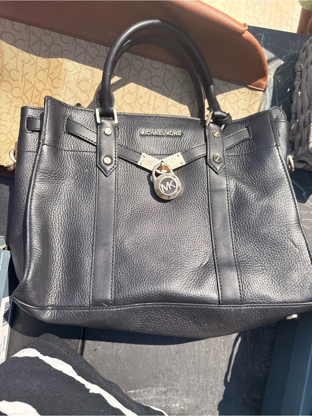 Michael Kors Black Leather Satchel with Gold MK Charm